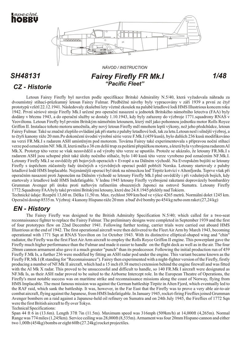 Special Hobby 100-SH48131-1:48 Fairey Firefly Mk.I /"Pacific Fleet/"
