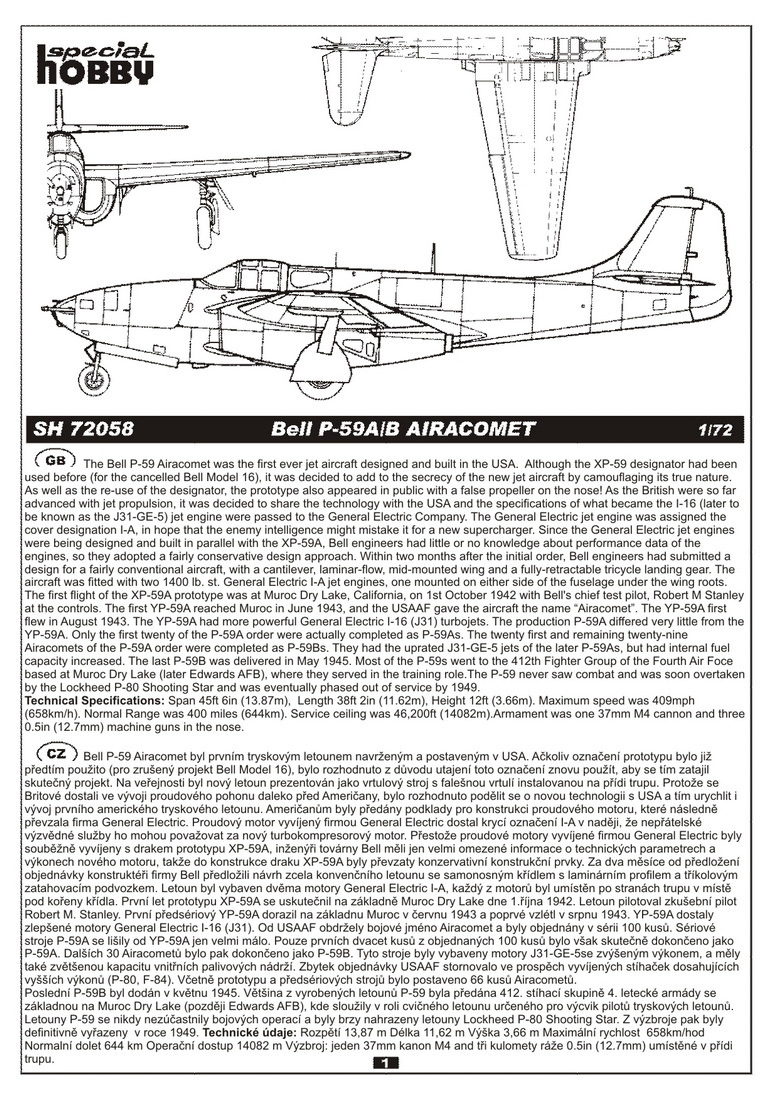 P-59 A/B Airacomet SH72058 Special Hobby 1:72 